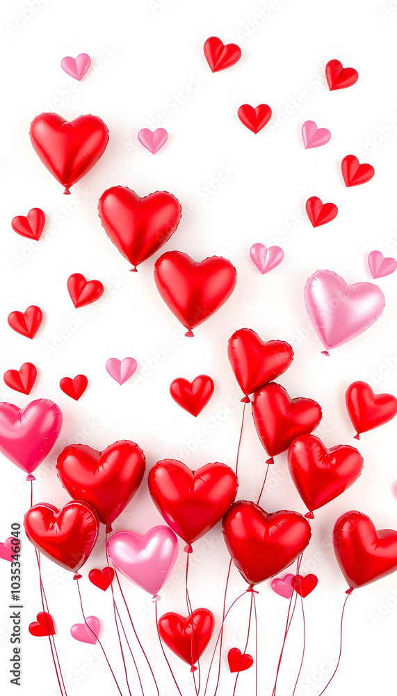 Valentine's day background with red and pink hearts like balloons on white background, flat lay, clipping path. PNG isolated with white highlights, png Valentine's day background with red and pink hearts like balloons on white background, flat lay, clipping path. PNG isolated with white highlights, png