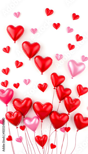 Valentine's day background with red and pink hearts like balloons on white background, flat lay, clipping path. PNG isolated with white highlights, png