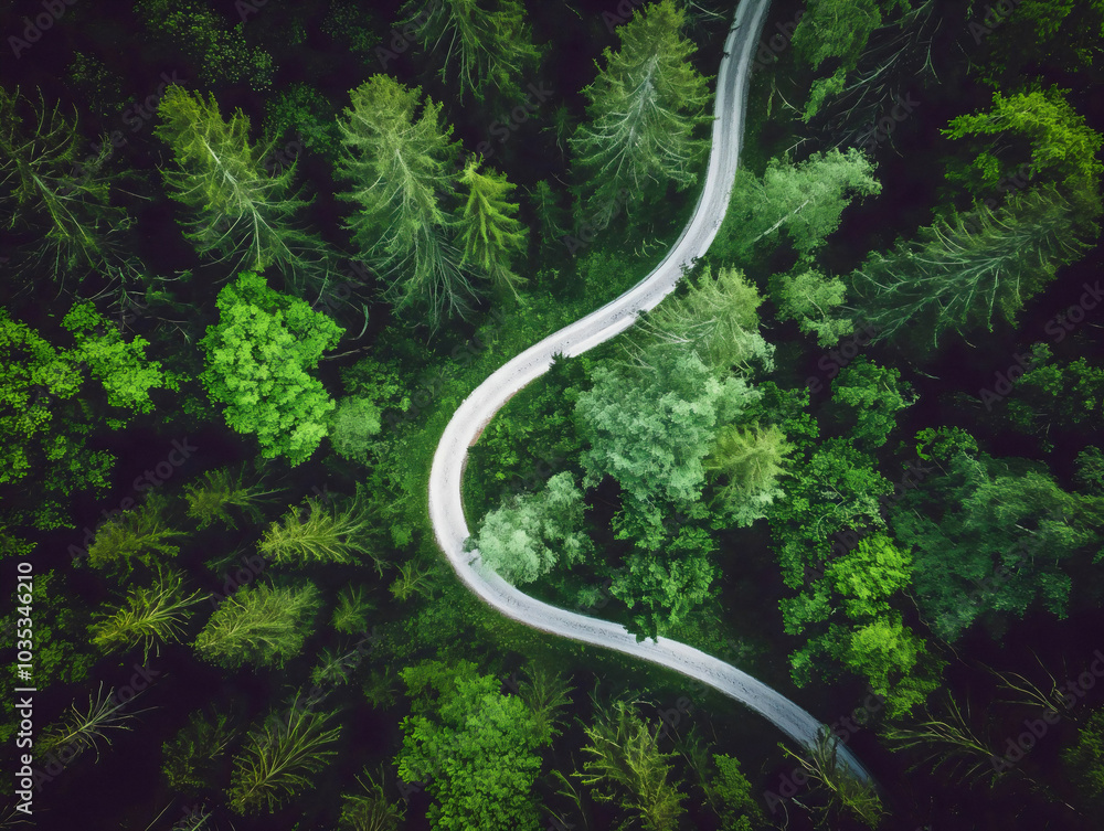 Aerial view of asphalt road through green forest with pine trees, top-down view. Forest Road view from above. Aerial view of asphalt road through green forest with pine trees, top-down view. Forest Road view from above.
