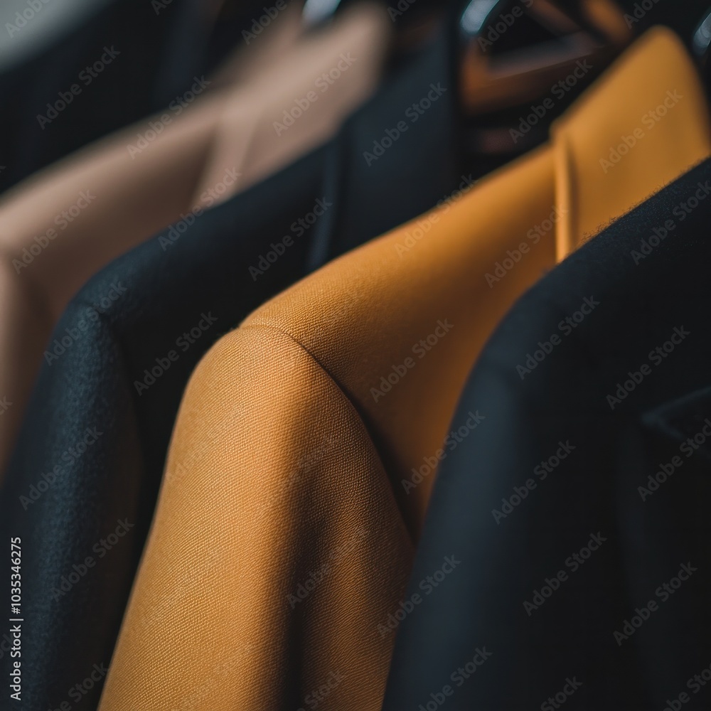 Stylish clothing hangs on a rack showcasing a range of textures and colors in fashion display Stylish clothing hangs on a rack showcasing a range of textures and colors in fashion display