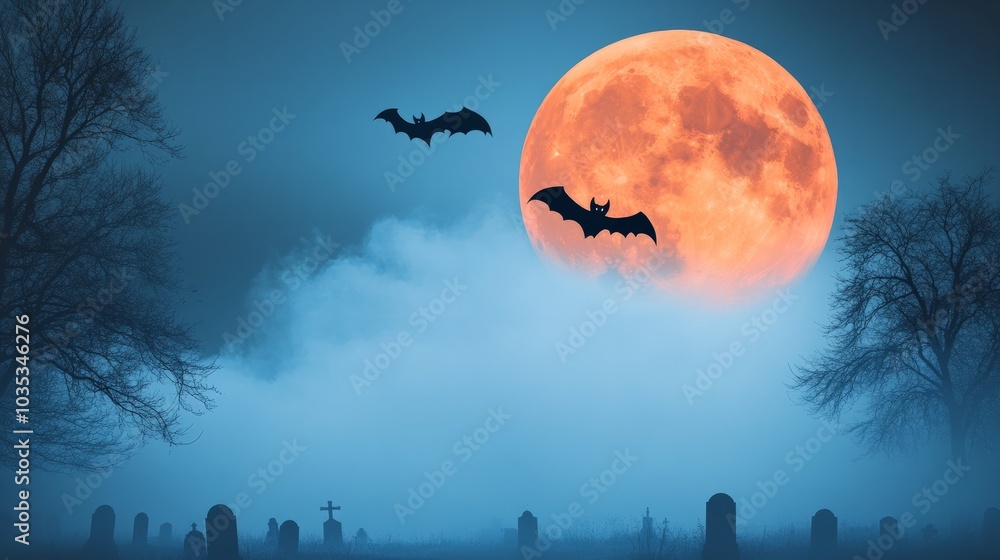 Full moon over a graveyard with fog rolling over the tombstones and bats flying overhead Full moon over a graveyard with fog rolling over the tombstones and bats flying overhead