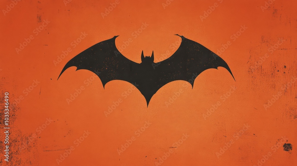 Simple bat outline in flight, against a soft, gradient orange background Simple bat outline in flight, against a soft, gradient orange background