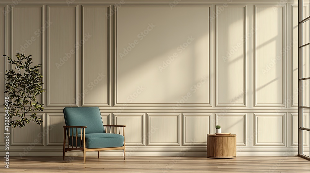 Fototapeta premium A bright and airy living room with a single armchair, side table, plant, and large windows.
