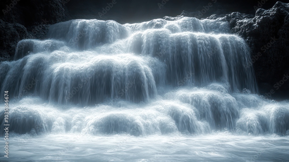 Cascading waterfall with smooth, flowing water in a serene environment. Cascading waterfall with smooth, flowing water in a serene environment.