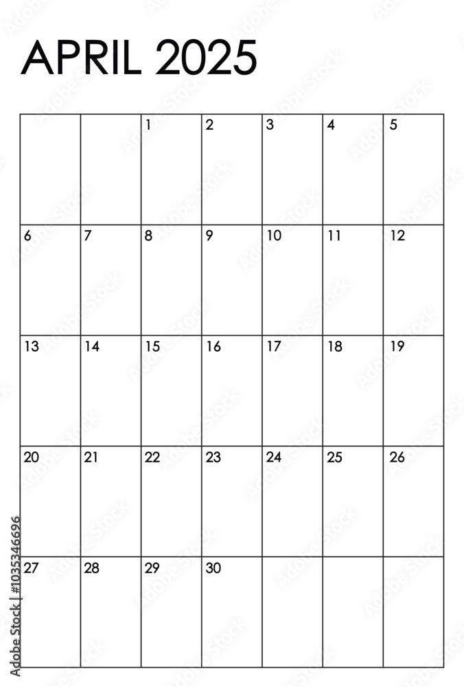 April 2025 month vertical calendar. Simple black and white design April 2025 month vertical calendar. Simple black and white design