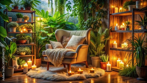 Cozy Reading Nook in Soft Lighting with Candles and Plants - Night Photography Inspiration