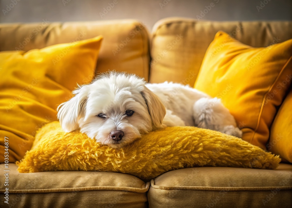 Cozy Small White Dog Sleeping on Sofa with Yellow Cushions - HDR Capture Cozy Small White Dog Sleeping on Sofa with Yellow Cushions - HDR Capture