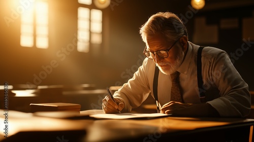 Focused Indian Educator Writing at Desk in Classroom Illuminated by Golden Sunset photo