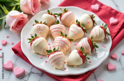 Chocolate strawberries hearts for Valentine's day on plate over festive rose flowers background. Sweet gift for lovers.