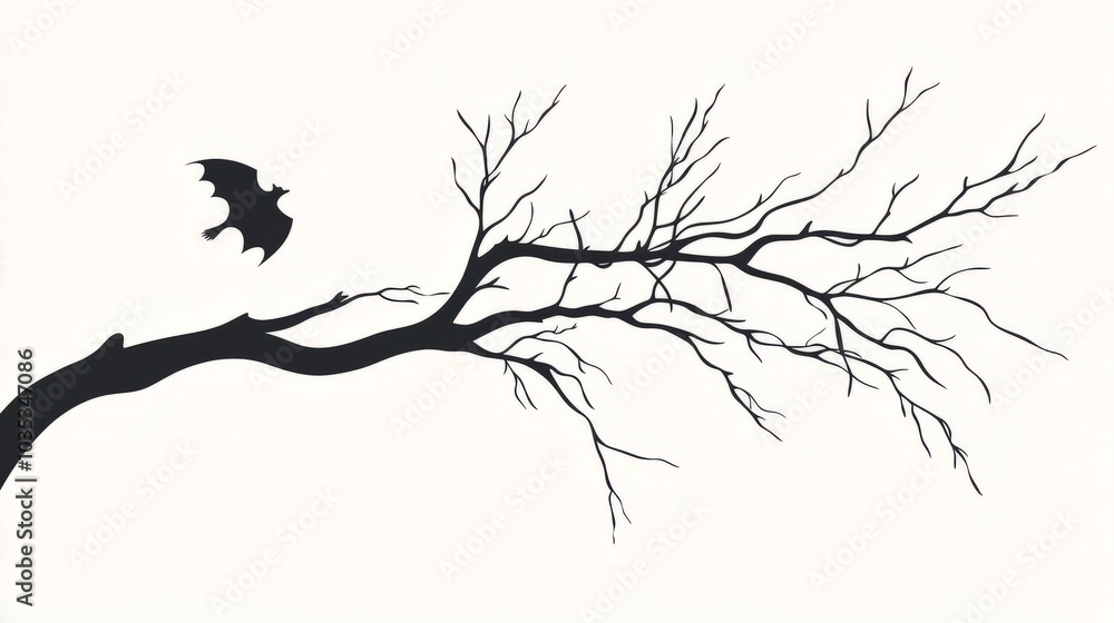 Obraz premium Thin tree branch with a single bat perched, minimalist style, on a white background
