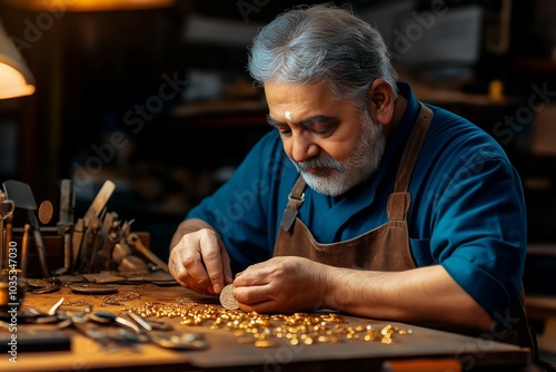 Skilled Indian Jewelry Artisan Working on Gold Pieces in His Workshop photo