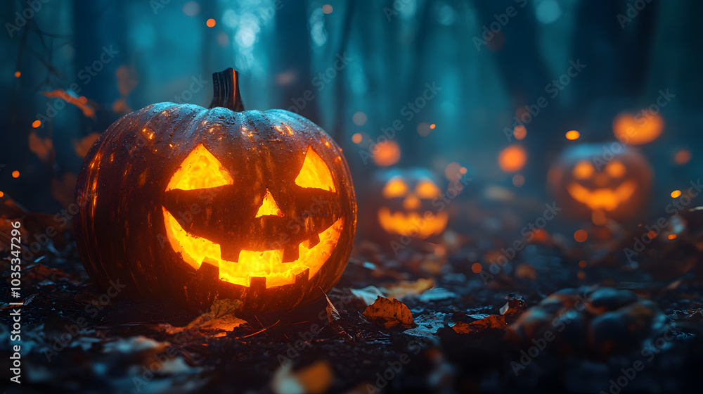A photo of carved pumpkins glowing, with dark forest as the background, during Halloween night A photo of carved pumpkins glowing, with dark forest as the background, during Halloween night