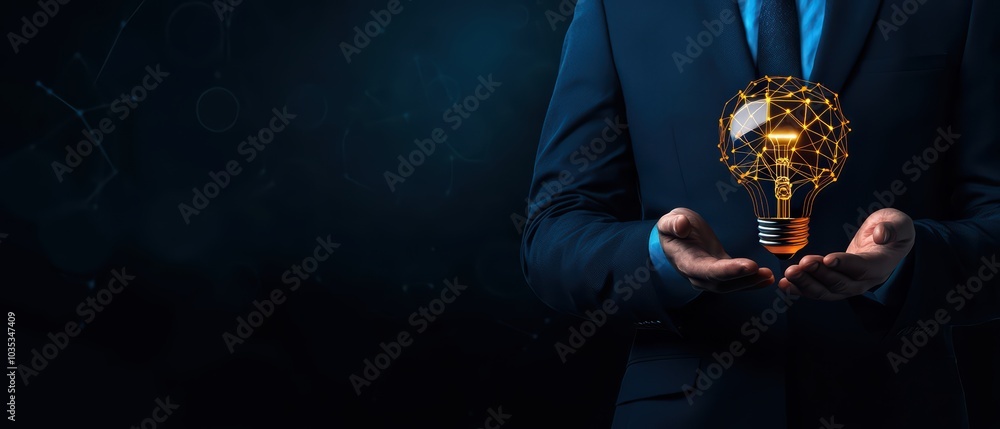 Naklejka premium Businessman holding a glowing light bulb symbolizing innovation against a dark background.