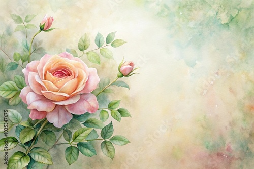 Watercolor painting of rose flower and plant with soft pastel colors