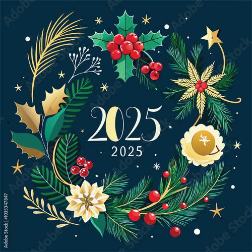 set of elegant Merry Christmas and New Year 2025 cards with pine wreaths, mistletoe, and winter plant designs. Let me know if you'd like any changes or if you need anything else!