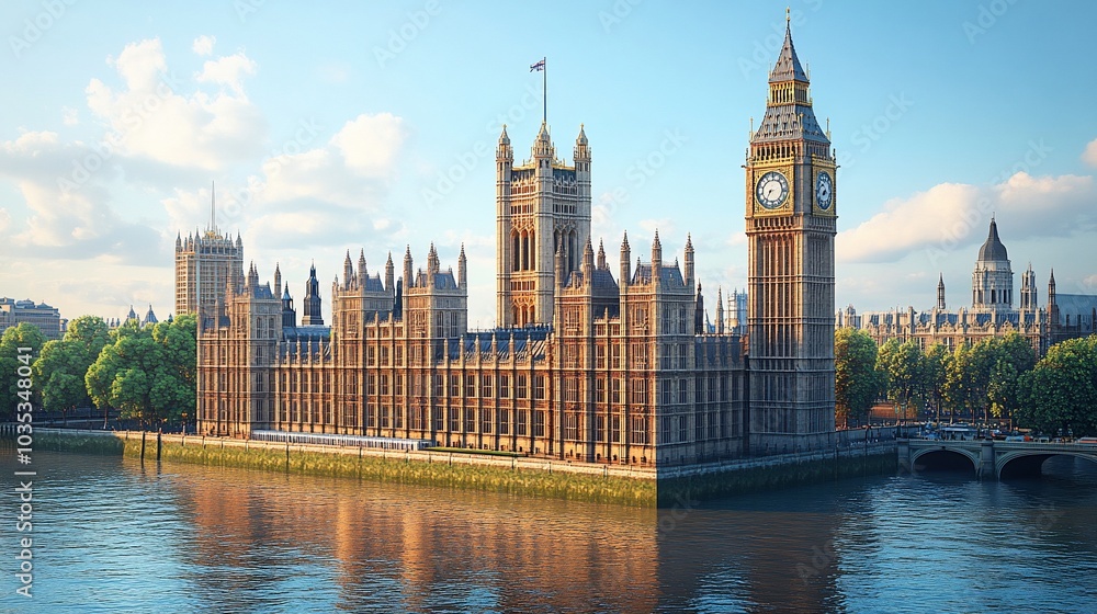 Naklejka premium A scenic view of the Houses of Parliament and Big Ben by the River Thames.