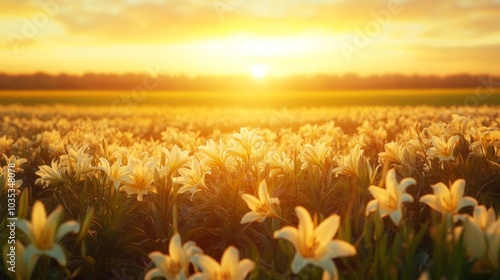 White Lilies Bathed in Golden Sunset Light