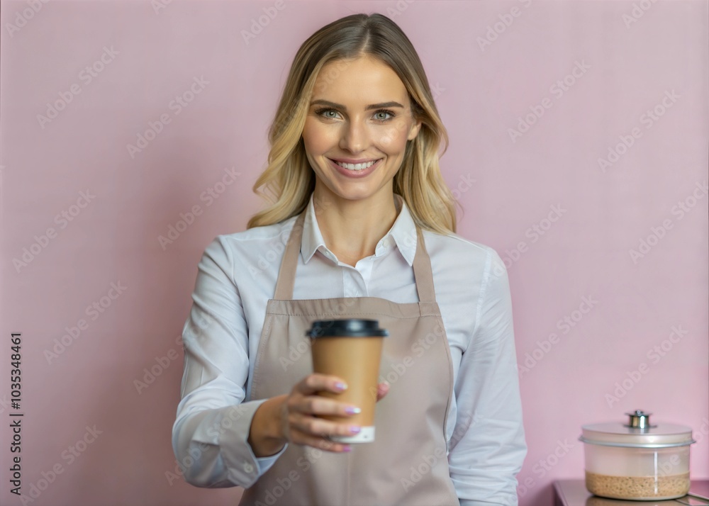 A beautiful female barista gives to-go coffee to a client. Owner of a small business, a coffee shop, behind the bar. A beautiful female barista gives to-go coffee to a client. Owner of a small business, a coffee shop, behind the bar.