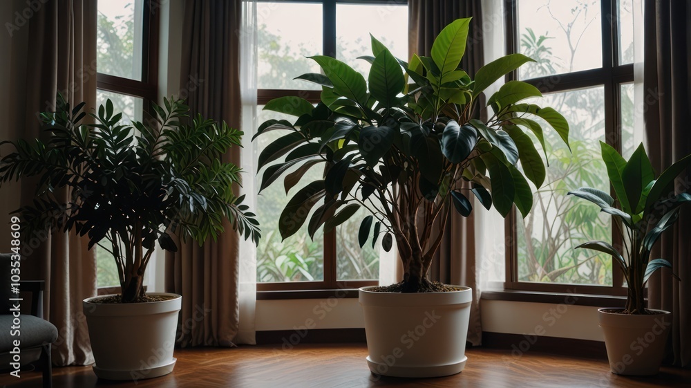 Three potted plants stand in front of a large bay window with brown curtains in a modern living room. Three potted plants stand in front of a large bay window with brown curtains in a modern living room.