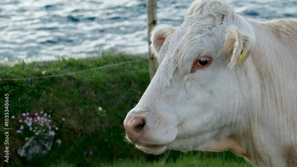 Cow breathing close to the Atlantic ocean in Ireland Cow breathing close to the Atlantic ocean in Ireland