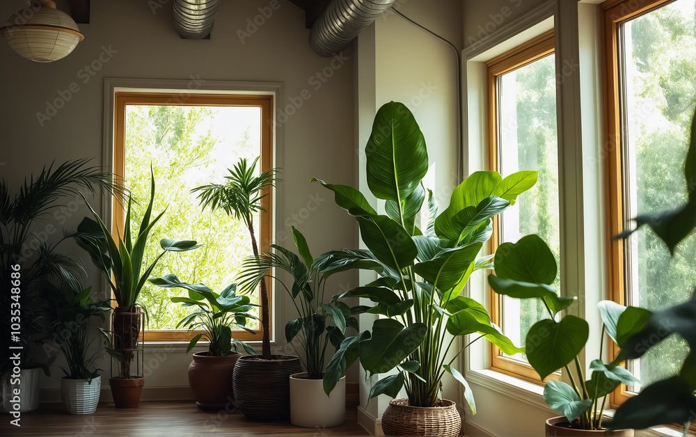 Green leaves of house plants in pots near a large bright window. Cozy interior with lots of plants and greenery. Green leaves of house plants in pots near a large bright window. Cozy interior with lots of plants and greenery.