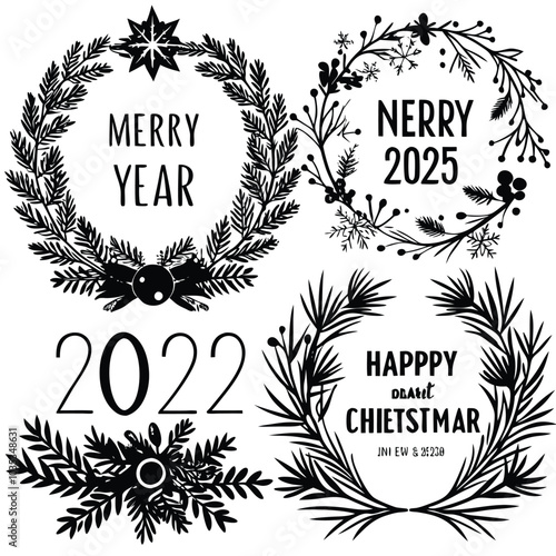 set of elegant Merry Christmas and New Year 2025 cards with pine wreaths, mistletoe, and winter plant designs. Let me know if you'd like any changes or if you need anything else!