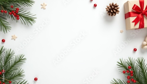 A minimalist Christmas background featuring pine branches, small decorations, and a wrapped gift on a white surface. The image evokes a festive, clean, and modern holiday vibe.