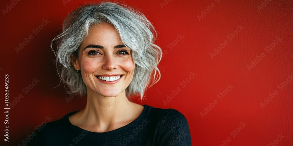 Happy grey-haired woman smiling cheerfully against a red background, Generative AI Happy grey-haired woman smiling cheerfully against a red background, Generative AI