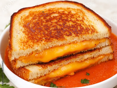 Delicious grilled cheese sandwich served with a bowl of rich tomato soup, perfect for a comforting meal.