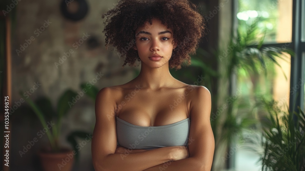 Self-assured woman standing in a studio, wearing sports clothing and embracing her fit body, Generative AI Self-assured woman standing in a studio, wearing sports clothing and embracing her fit body, Generative AI