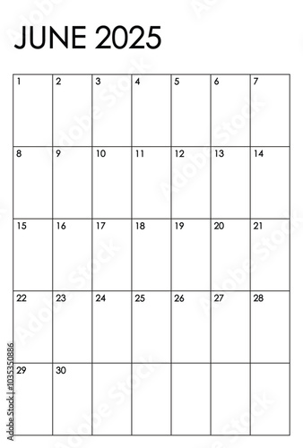 June 2025 month vertical calendar. Simple black and white design
