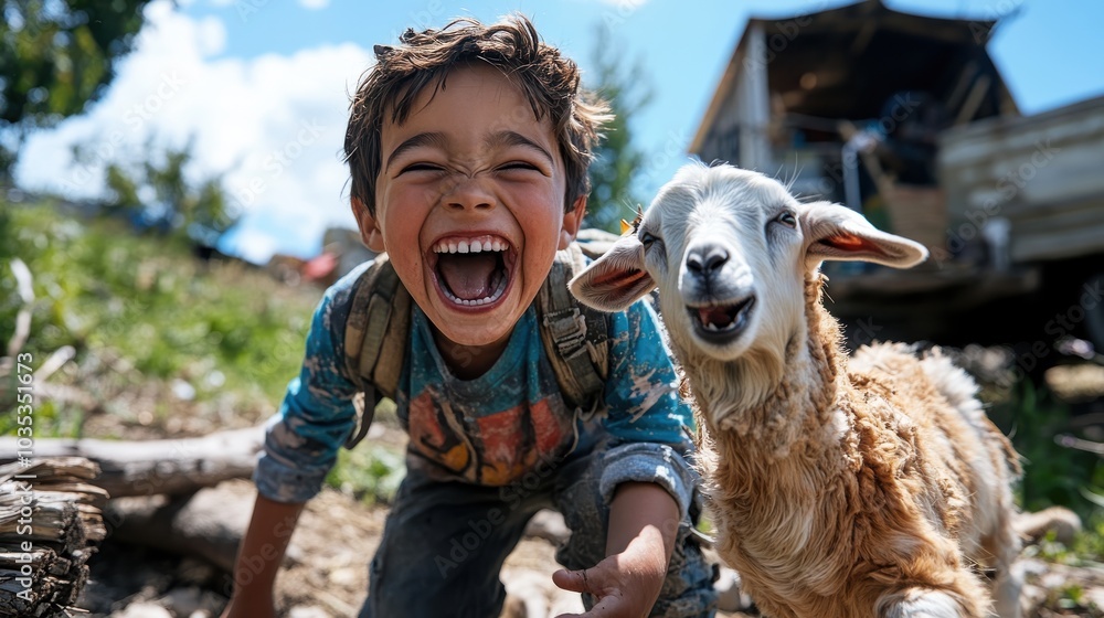 A happy young boy and a playful goat share a joyful moment in a natural setting, exuding happiness and friendship amidst picturesque outdoor surroundings. A happy young boy and a playful goat share a joyful moment in a natural setting, exuding happiness and friendship amidst picturesque outdoor surroundings.