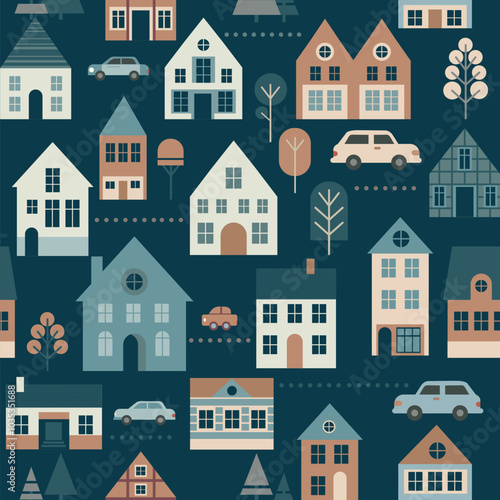 Cute little houses on city street seamless background. Minimal delicate color palette. Scandinavian style.