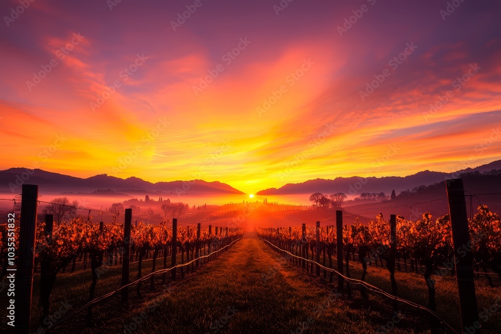 Vibrant sunrise over a vineyard with rows of vines. Vibrant sunrise over a vineyard with rows of vines.