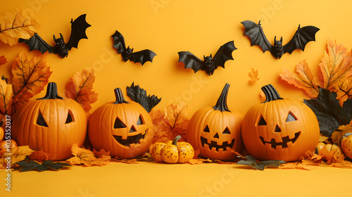 Halloween Pumpkins and Bats on a Yellow Background – A Fun and Festive Design Perfect for Halloween Celebrations, Party Invitations, Decorations, and Themed Events. Ideal for Spooky Decorations! 