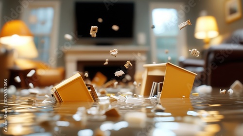 The image showcases a living space submerged in floodwater, with various household items in disarray, emphasizing the turmoil and unpredictability of flooding.