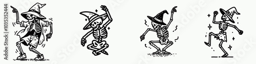 Four playful skeletons in witch hats dance joyfully, embodying a whimsical Halloween spirit.