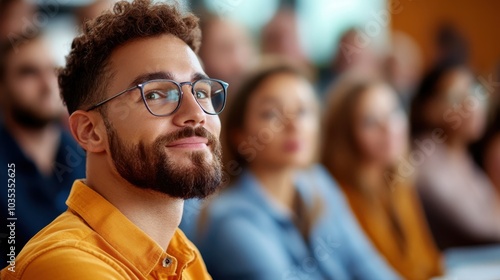 A young man with curly hair and glasses sits among an audience in a seminar, exhibiting enthusiasm and intrigue as he participates in the event with peers.