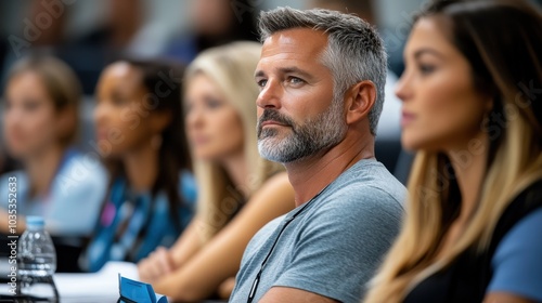 A mature man with grey hair and a beard sits attentively during a conference, surrounded by a diverse group of professionals in a modern conference setting.