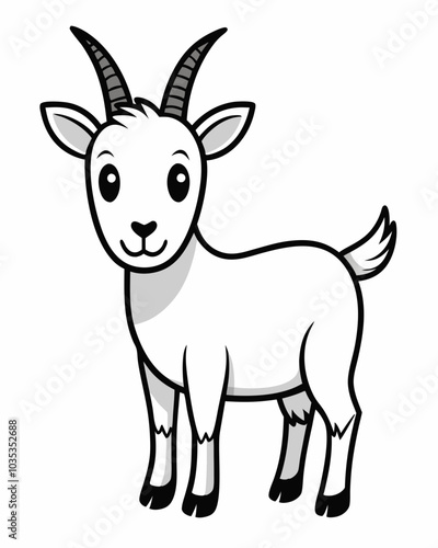 Cute minimalist black and white goat illustration for children's coloring book with simple design on white background 