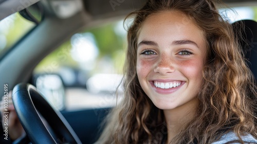 A smiling young girl with curly hair enjoys driving her car, the sun illuminating her face, depicting youthful independence and the thrill of mobility.