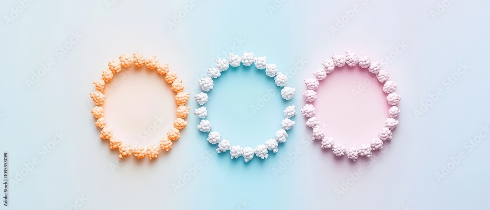 Colorful elastic hair ties arranged in a creative pattern on a soft gradient background.