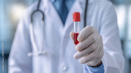 Doctor Holding a Blood Sample Tube in a Gloved Hand