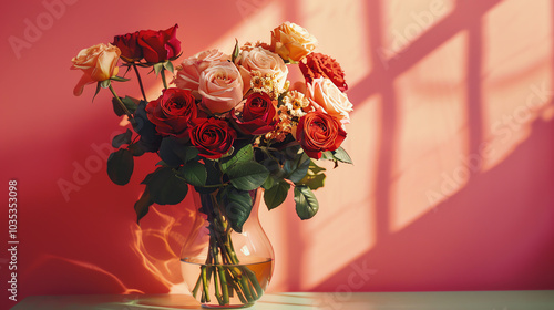 A bouquet of pink roses in a teal glass vase, with sunbeams casting shadows on a peach wall. photo