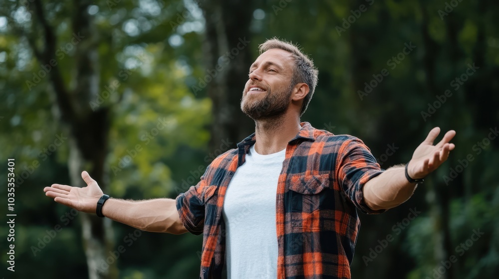 Obraz premium A bearded man stands in a forest, arms wide open, savoring the natural ambiance. He wears a plaid shirt, expressing a sense of freedom and contentment.