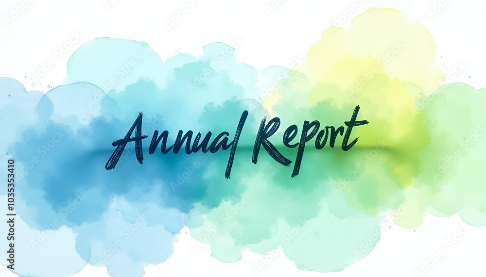 Fototapeta premium Watercolor canvas featuring 'Annual Report' in cursive script with vibrant colors