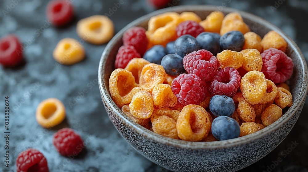 A bowl of colorful cereal with raspberries and blueberries, ideal for breakfast or snacks. A bowl of colorful cereal with raspberries and blueberries, ideal for breakfast or snacks.