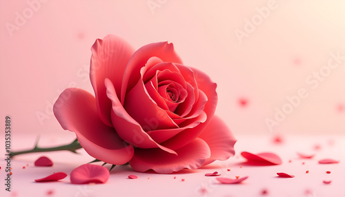 Single red rose with soft petals and scattered rose petals on a gentle background