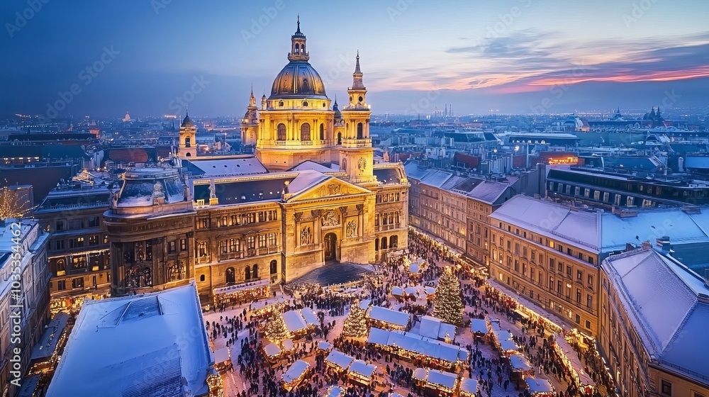 Fototapeta premium Christmas market in Budapest dazzles with festive lights and holiday cheer at Saint Stephen Basilica.