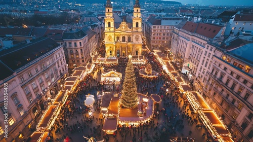 Christmas market in Budapest dazzles with festive lights and holiday cheer at Saint Stephen Basilica. photo